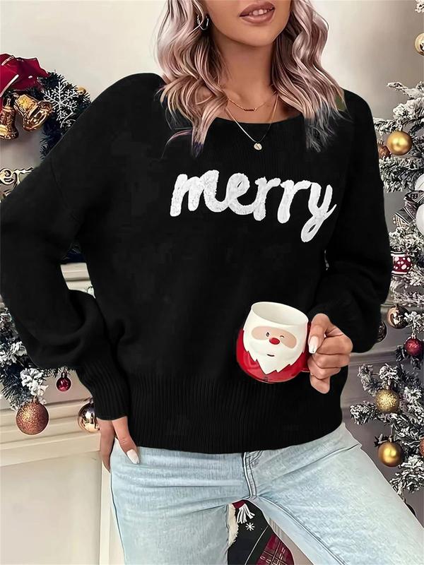 Christmas letter stitching sweater casual long-sleeved round neck pullover suitable for autumn daily outdoor sweater