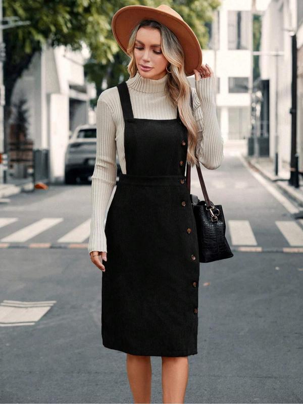 Women's Solid Color Button Decor Overalls Dress, Elegant Fashion Casual Pinafore Dress for Daily Outdoor Wear, Women Dress for Spring Fall