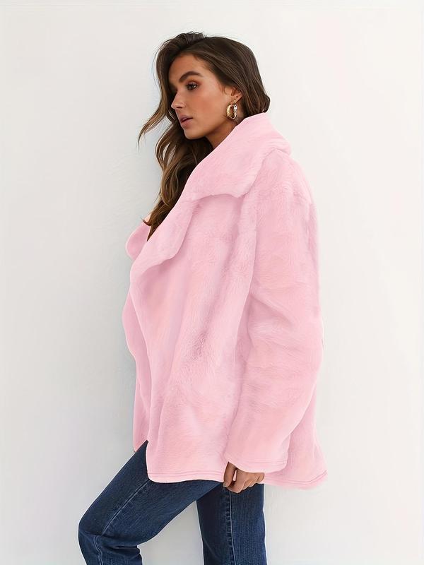 Women's Solid Color Waterfall Collar Coat, Casual Long Sleeve Fuzzy Coat for Fall & Winter, Women's Clothing for Daily Wear