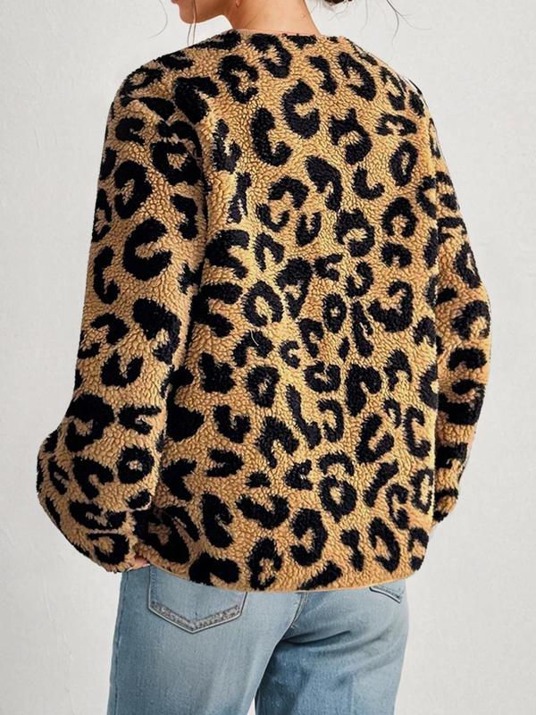 YOZY Women's Leopard Print Tie Front Pocket Fuzzy Jacket, Casual Long Sleeve V Neck Outerwear for Daily Wear, Ladies Clothes for All Seasons