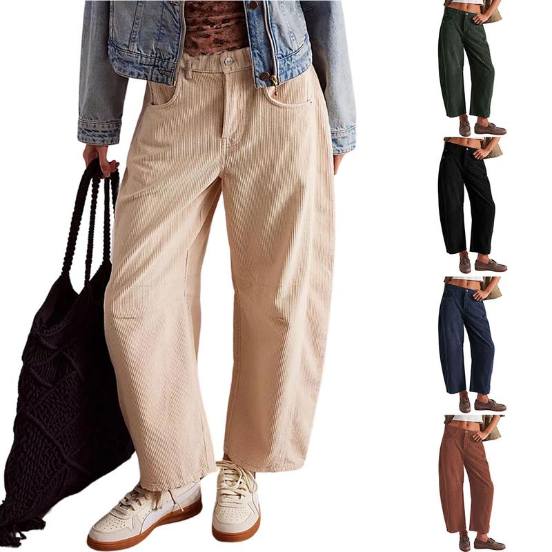 Tanming Women's Corduroy Pants Barrel Mid-Rise Elastic Waist Cord Pants Casual Wide Leg Baggy Trouser with Pockets