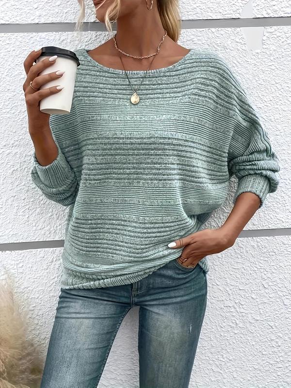  Solid Color Jacquard Batwing Sleeve Pullover Sweater, Elegant Fashion Casual Crew Neck Jumper for Daily Outdoor Wear, Women Clothing for Fall & Winter