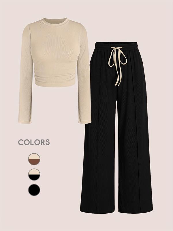 Two-piece Set Women's Solid Ruched Crop Tee & Drawstring Waist Pants, Casual Fashion Cozy Round Neck Long Sleeve Top & Elastic Waist Trousers for Daily Outdoor Wear, Women's Clothing for Fall & Winter