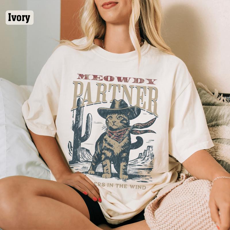 Meowdy Partner Cowboy Cat Shirt, Comfort Color Cat Shirt, Funny Cowboy Cat Shirts, Cat in Cowboy Hat T-Shirt, Vintage Cowboy Cat T-shirt, Western Meowdy Partner Shirt, Cat Lover Shirt, Cat Mom Tee, Western Cat Tee, Western Shirt For Cat Lovers Womenswear