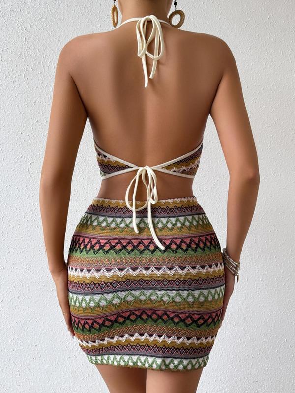 Two-piece Set Women's Chevron Embroidery Skirt Set, Boho Halter Neck Crop Top & Bodycon Short Skirt Set for Holiday Vacation, Back-to-School Clothing, Summer Outfits, Ladies Summer Clothes