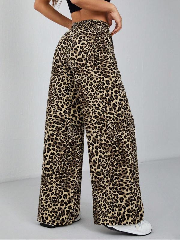 Women's Leopard Print Patched Pocket Wide Leg Pants, Casual Elastic Waist Trousers for Daily Wear, Ladies Bottoms for All Seasons