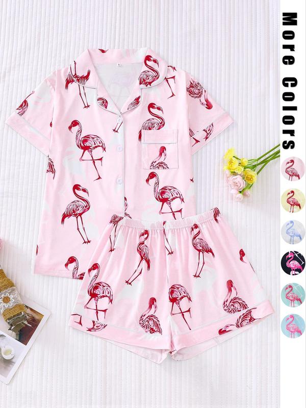 Women's Flamingo Print Lapel Pocket Shirt & Elastic Waist Shorts Pyjama Set, Casual Comfy Button Front Short Sleeve Top & Shorts Pj Set, Ladies Sleepwear for All Seasons