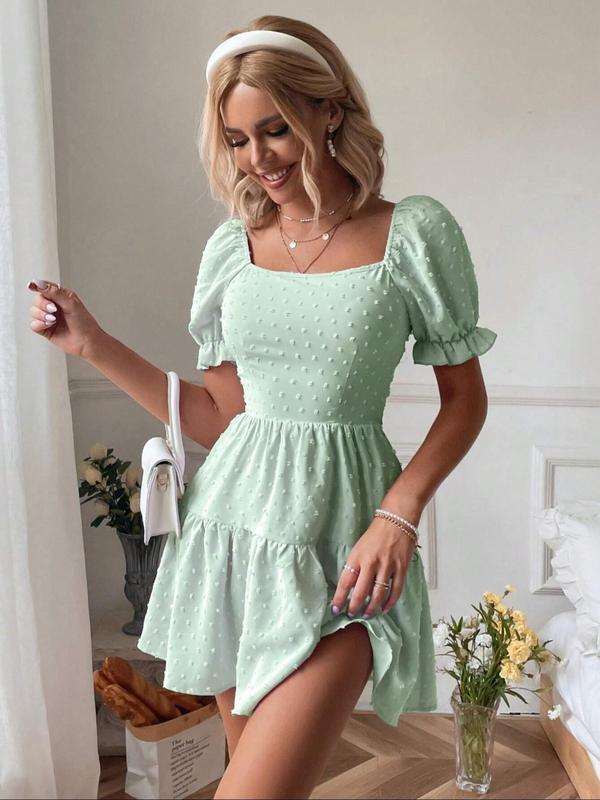 Women's Plain Swiss Dot Tie Back Dress, Milkmaid Dress, Womenswear for Summer, Cute Puff Sleeve Ruffle Hem A Line Dress for Party Holiday Wedding Guest, Back To School Outfits, Lady Comfort Clothes, Experimental Outfits