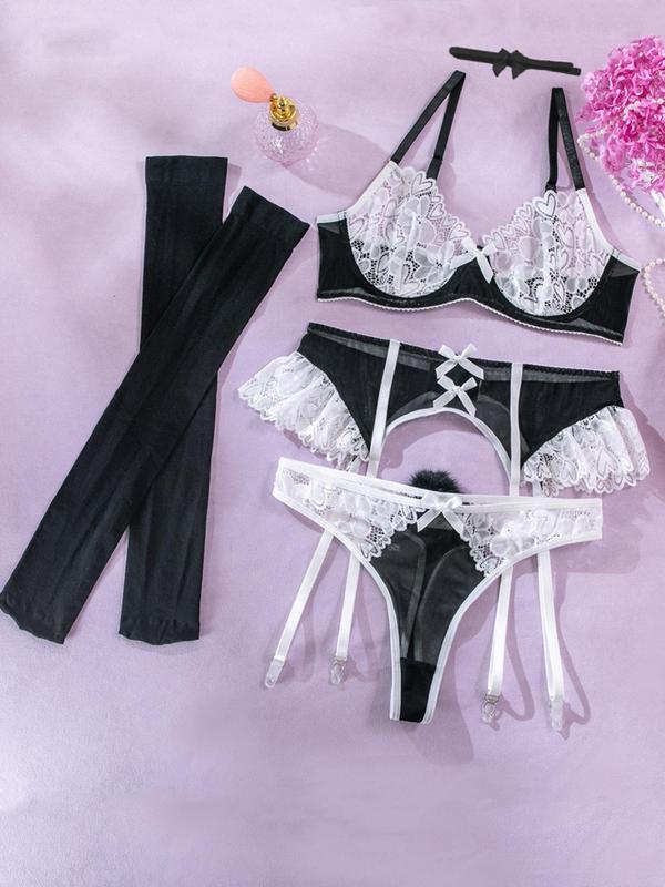 Women's Contrast Lace Bow Decor Sexy Garter Lingerie Set, Push Up Bra & Thong & Garter Belt & Choker & Stockings, Romantic Cosplay Costumes for Women