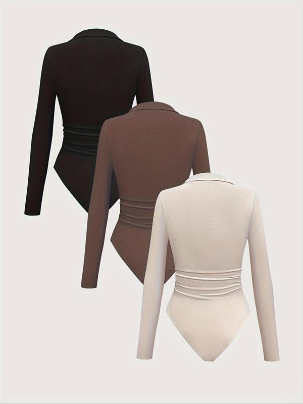 Women's Solid Ruched Polo Neck Ribbed Bodysuit, Casual Long Sleeve Bodysuit for Spring & Fall, Ladies Clothes for Daily Wear