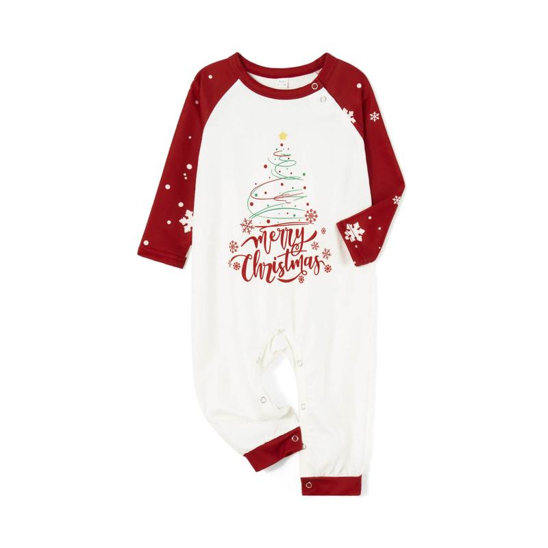 Christmas Family Pajamas Matching Set, Long Sleeve Tree Letters Print T-shirt with Snow Print Pants Sleepwear Loungewear Crewneck Womenswear