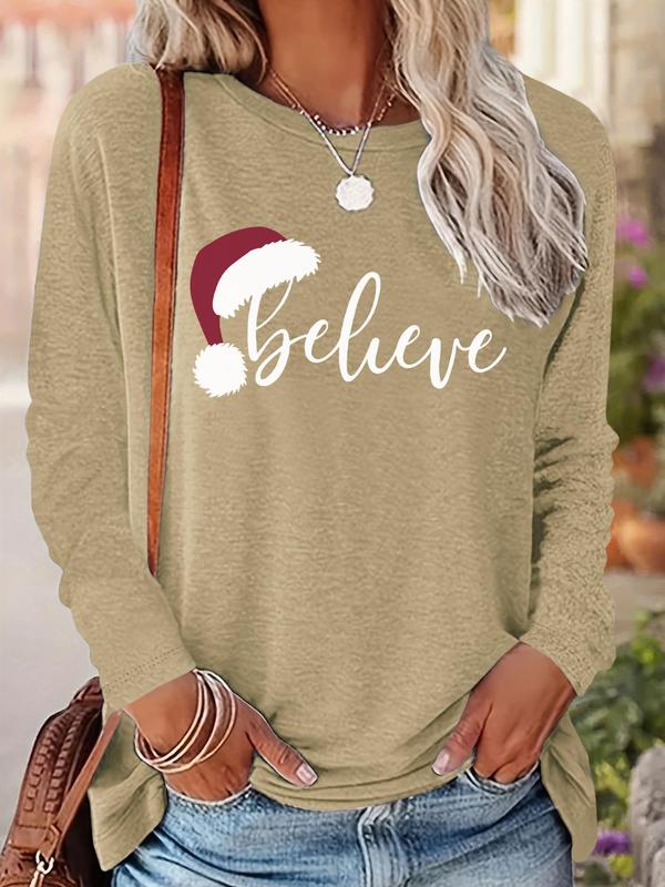 Women's Christmas Letter Print Drop Shoulder Tee, Casual Long Sleeve Round Neck Pullover for Fall & Winter, Ladies Clothes for Daily Wear