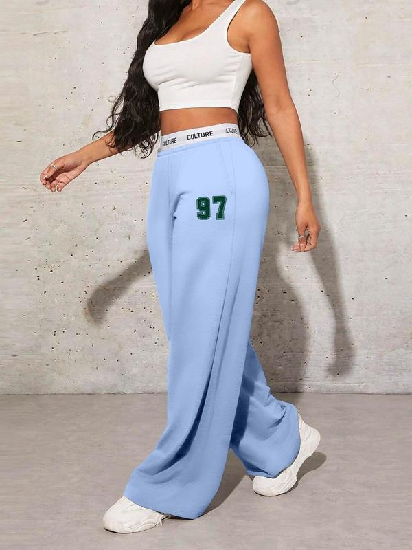 Women's Letter Print High Waist Sweatpants, Casual Y2K Pocket Wide Leg Tape Waist Trousers for Daily Wear, Ladies Bottoms for All Seasons, Downtown Girl Clothes