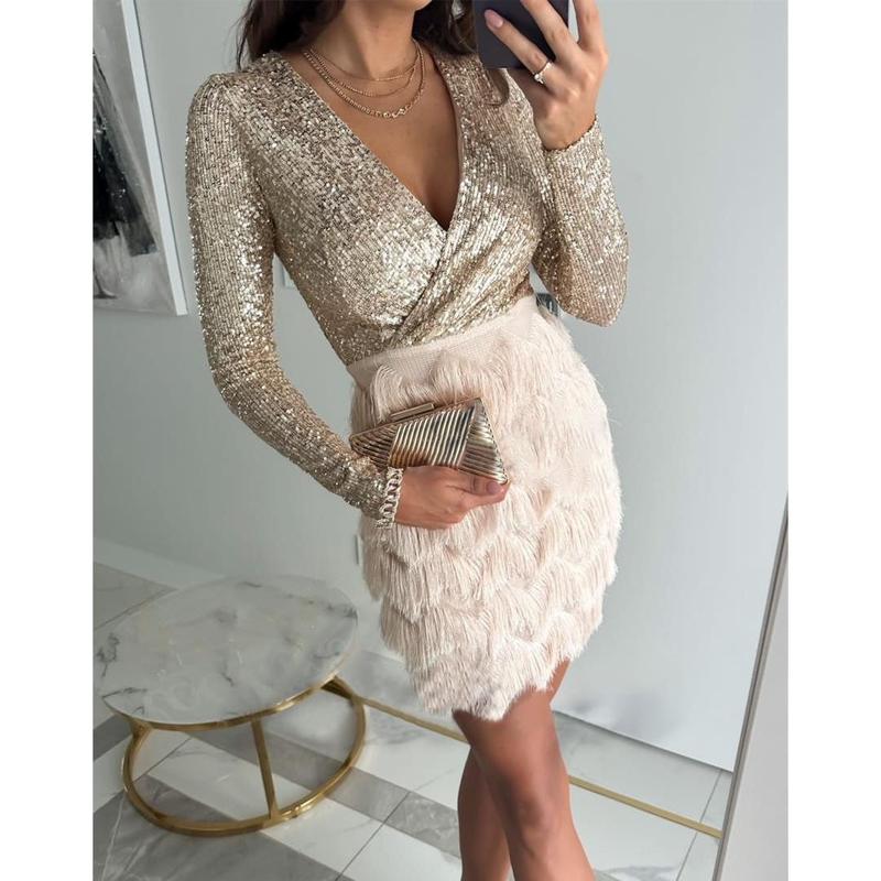 Women's Sequin Top Fringe Skirt Wrap V Neck Long Sleeve Pencil Mini Dress Flapper Cocktail Short Dress for Christmas Party Family Party