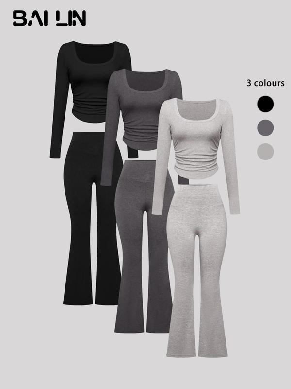 Women's Solid Color Ruched Square Neck Tee & Flare Leg Pants Set, Casual Long Sleeve T-shirt & High Waist Bell Bottom Trousers, Women's Clothing for Fall & Winter, Fall Outfits for Women, Outfit Sets for Women