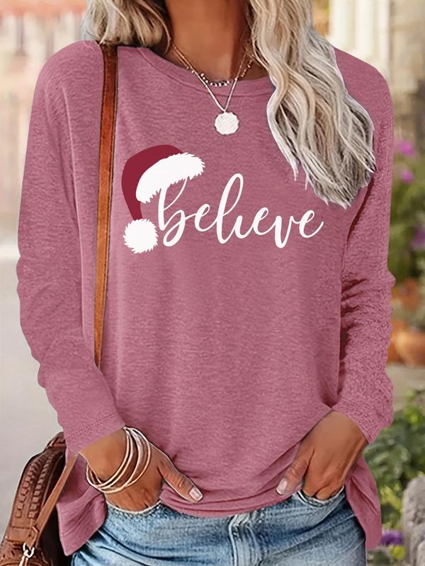 Women's Christmas Letter Print Drop Shoulder Tee, Casual Long Sleeve Round Neck Pullover for Fall & Winter, Ladies Clothes for Daily Wear