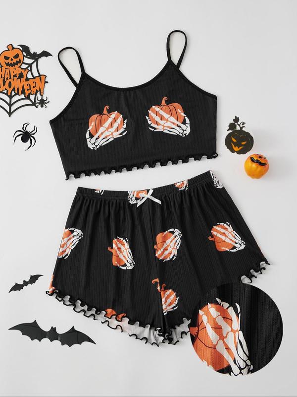 Christmas Women's Skeleton & Pumpkin & Ghost Print Lettuce Trim Cami Top & Bow Front Shorts Pyjama Two-piece Set, Halloween Pajamas, Casual Camisole & Elastic Waist Shorts Pj Set, Ladies Sleepwear for Halloween Party, Spirit Halloween 2024