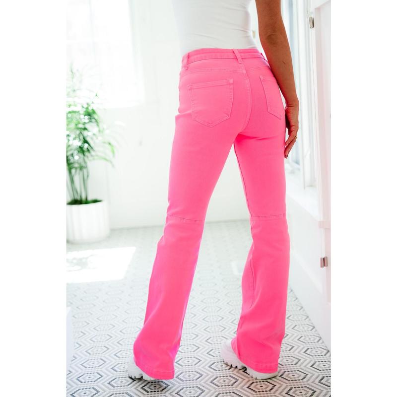 Risen x Freckled Poppy Good Vibes High Rise Hot Pink Back Knee Seamed Flare Jeans