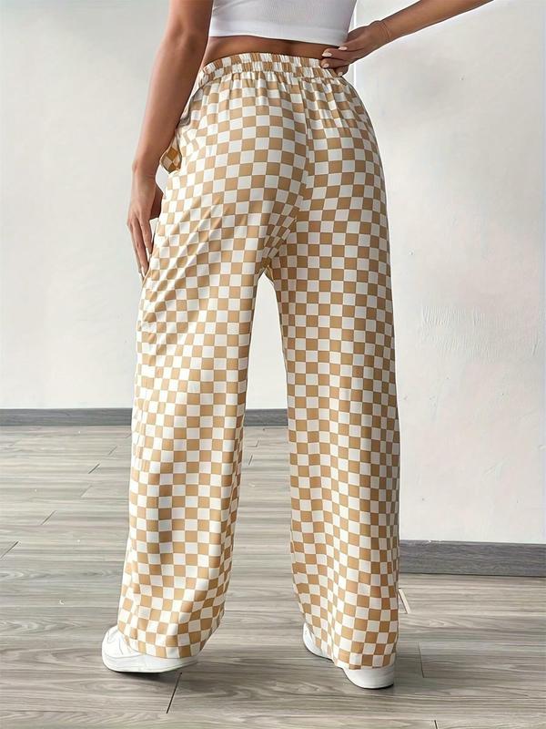 Women's Plaid Print Drawstring Waist Straight Leg Pants, Casual Loose Pocket Trousers for Daily Wear, Ladies Bottoms for Fall & Winter, Downtown Girl Clothes, Preppy 80s Clothes