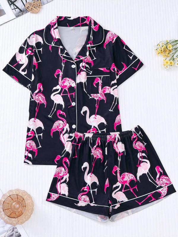 Women's Flamingo Print Lapel Pocket Shirt & Elastic Waist Shorts Pyjama Set, Casual Comfy Button Front Short Sleeve Top & Shorts Pj Set, Ladies Sleepwear for All Seasons