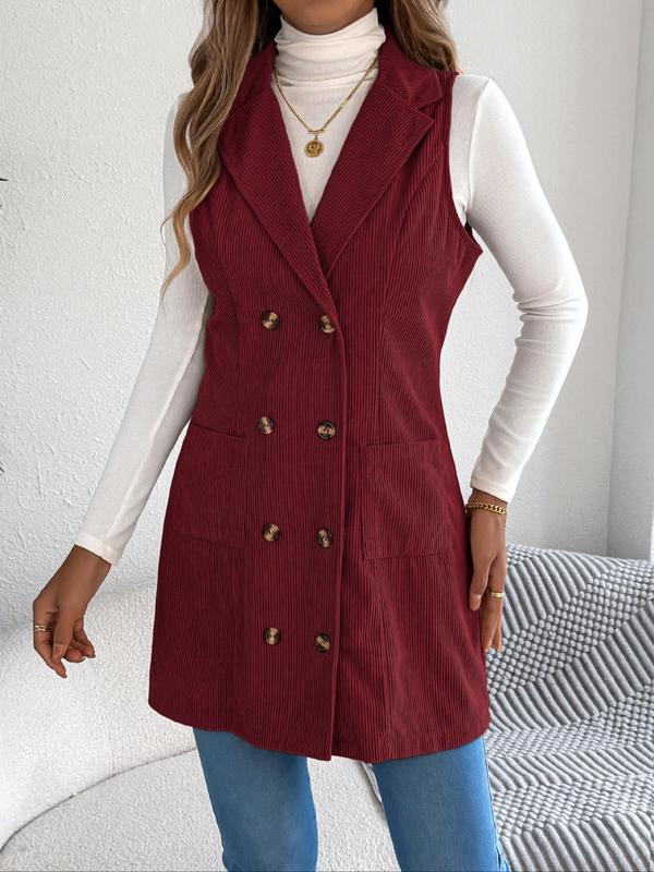 Women's Solid Double Button Pocket Corduroy Vest Coat, Casual Lapel Neck Sleeveless Outerwear for Spring & Fall, Ladies Clothes for Daily Wear