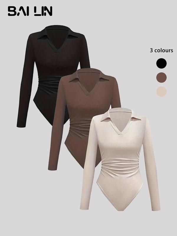 Women's Solid Ruched Polo Neck Ribbed Bodysuit, Casual Long Sleeve Bodysuit for Spring & Fall, Ladies Clothes for Daily Wear