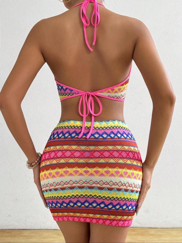 Two-piece Set Women's Chevron Embroidery Skirt Set, Boho Halter Neck Crop Top & Bodycon Short Skirt Set for Holiday Vacation, Back-to-School Clothing, Summer Outfits, Ladies Summer Clothes