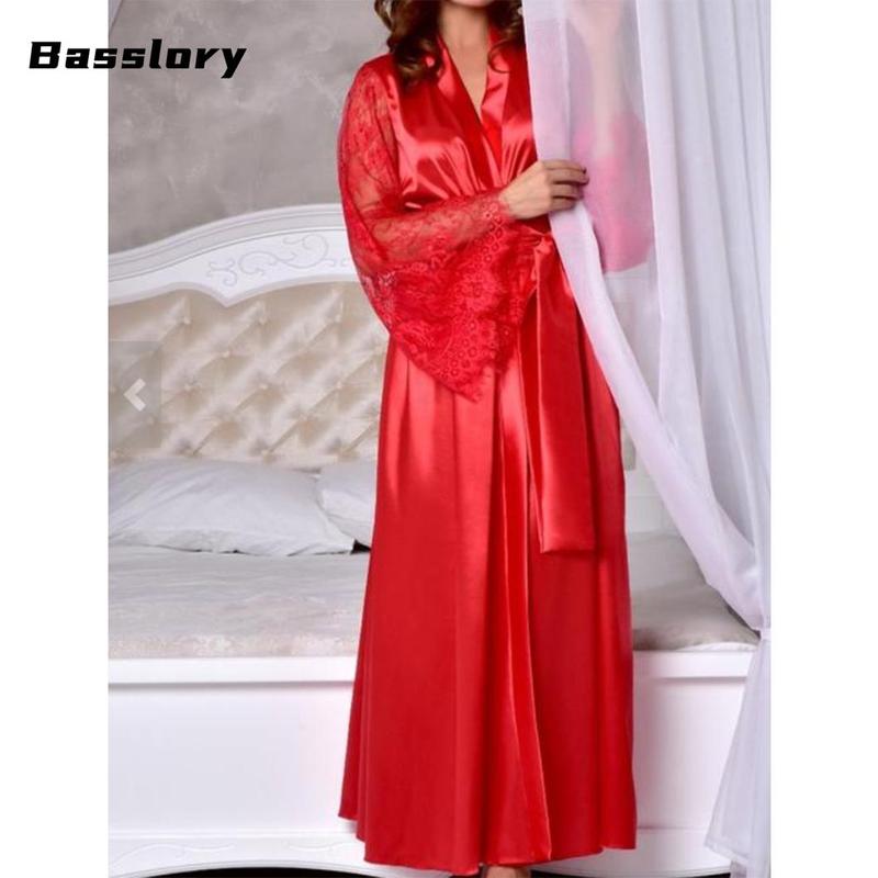 Women's Lace Casual Robe, Sexy V-neck Pajamas, Long See Through Sleeve Nightwear Long Sleeve Elegant