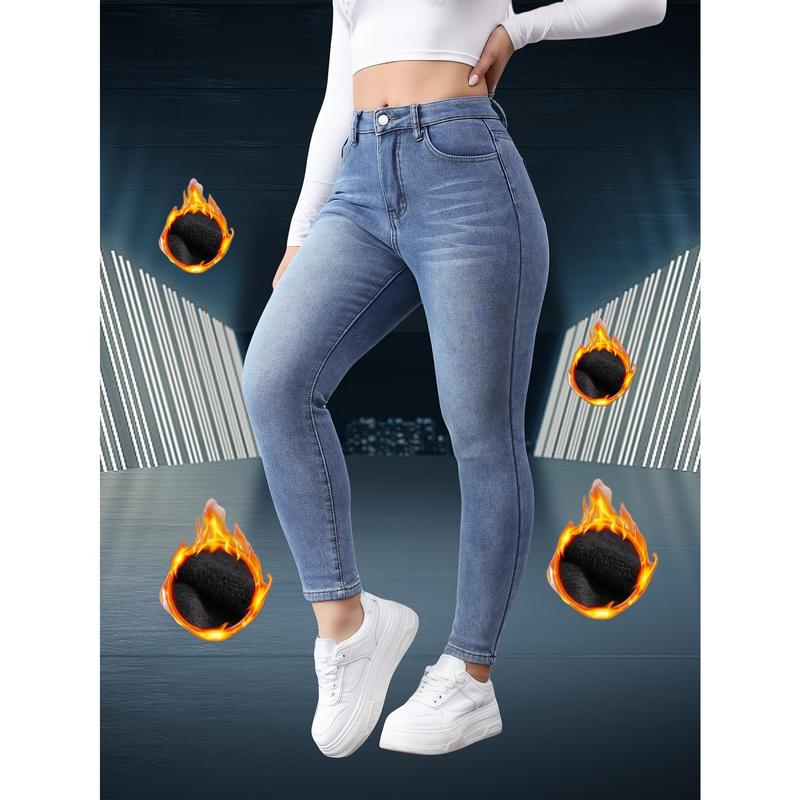 Women's Warm Jeans, Slim Fit Warm Trousers, Fashion Trend Style, Solid Color, Button Detail, High Elasticity, Tight, 9 Inches Long, Autumn Season