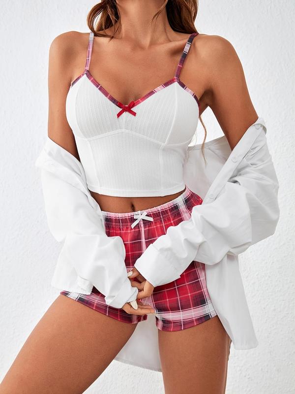 Women's Bow Decor Elastic Waist Pyjama Set, Cute Crop Cami Top & Plaid Print Shorts, Fashion Ladies' Sleepwear for Summer, Comfy Loungewear Sets for Women