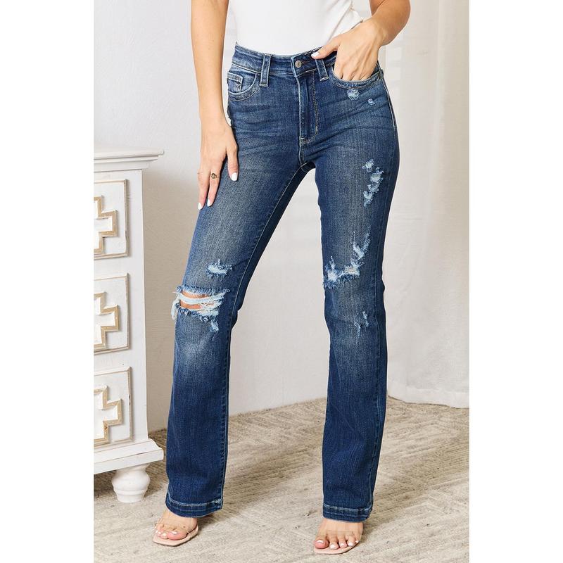 Judy Blue Full Size Mid Rise Hand Sand & Destroy Bootcut Jeans Basic Comfort Fit Spandex