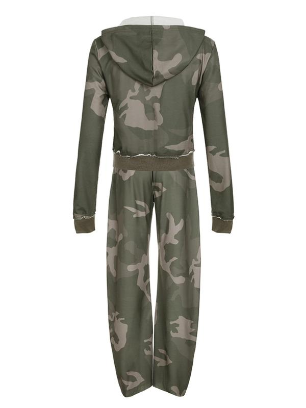 Women's Camo Print Zip Up Crop Jacket & Elastic Waist Pants Two-piece Set, Casual Long Sleeve Hooded Top & Pocket Trousers for Daily Wear, Ladies Fall & Winter Clothes