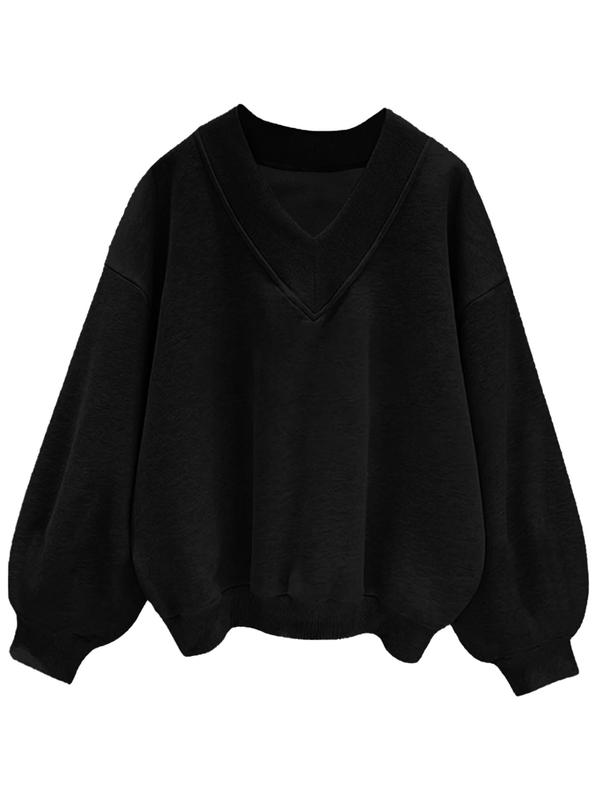  Solid Color Drop Shoulder Sweatshirt, Casual Long Sleeve V Neck Pullover for Fall & Winter, Women's Clothing for Daily Wear