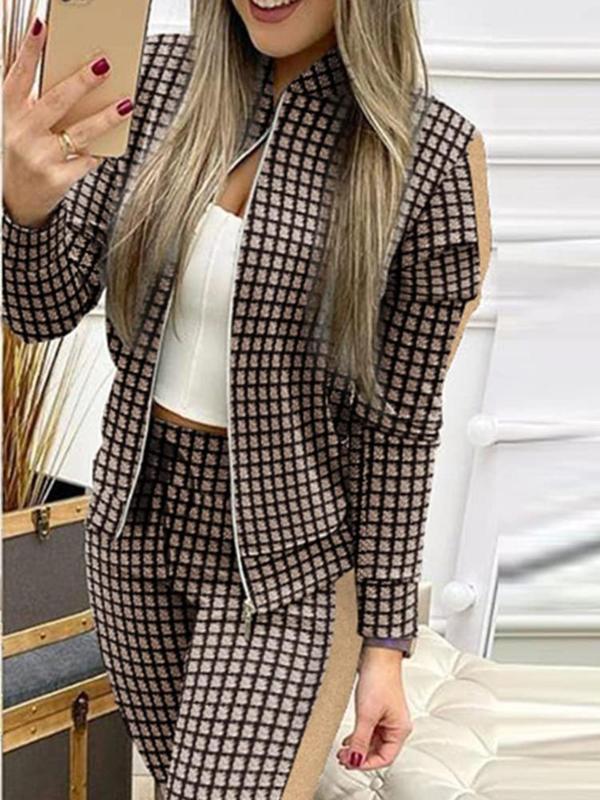 Women's Plaid Patchwork Print Zipper Bomber Jacket & Tie Front Pants 2 Piece Sets, Casual Long Sleeve Mock Neck Outerwear & Trousers for Spring & Fall, Ladies Clothes for Daily Wear