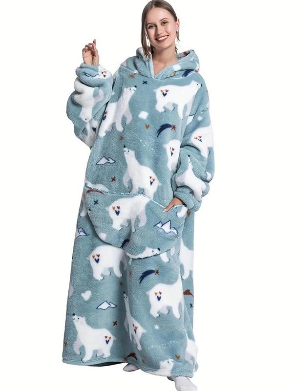 Plus Size Halloween Pumpkin & Cartoon Print Plush Hooded Nightwear Lounge Robe, Fluffy Pajamas, Casual Pocket Long Sleeve Loungewear, Halloween Pajamas, Christmas Pajamas, Plus Size Clothing, Lady Sleepwear for Fall & Winter