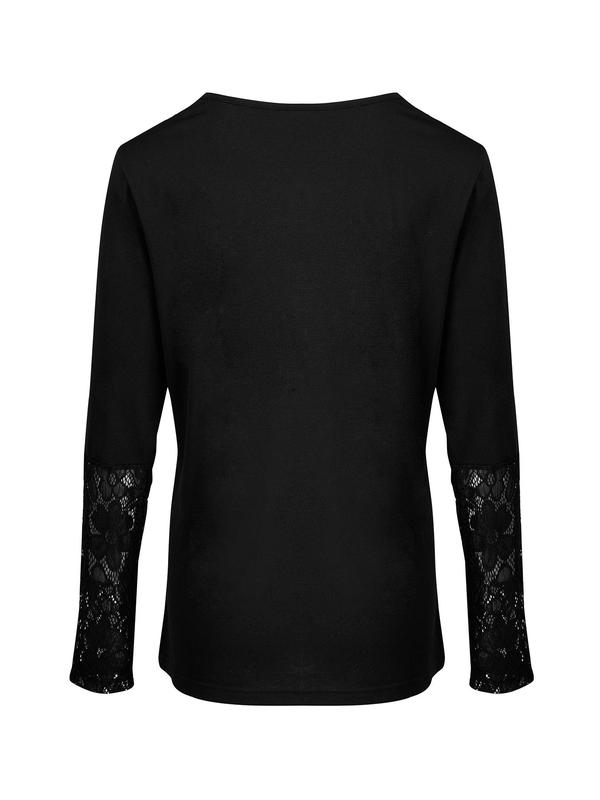 Women's Contrast Lace Button Front Tee, Elegant V Neck Long Sleeve T-shirt for Spring & Fall, Ladies Clothes for Daily Wear