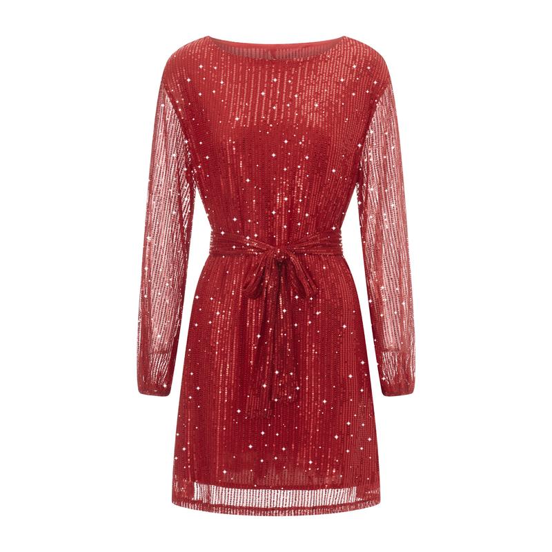 Women´s Sequin Party Dress, Sparkle Long Sleeve Round Neck Short Cocktail Dress with Belt Womenswear