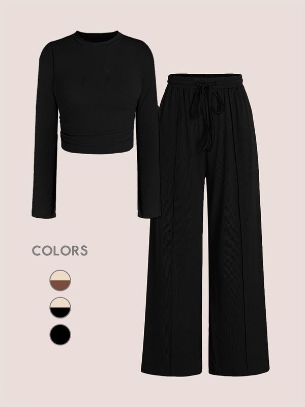 Two-piece Set Women's Solid Ruched Crop Tee & Drawstring Waist Pants, Casual Fashion Cozy Round Neck Long Sleeve Top & Elastic Waist Trousers for Daily Outdoor Wear, Women's Clothing for Fall & Winter