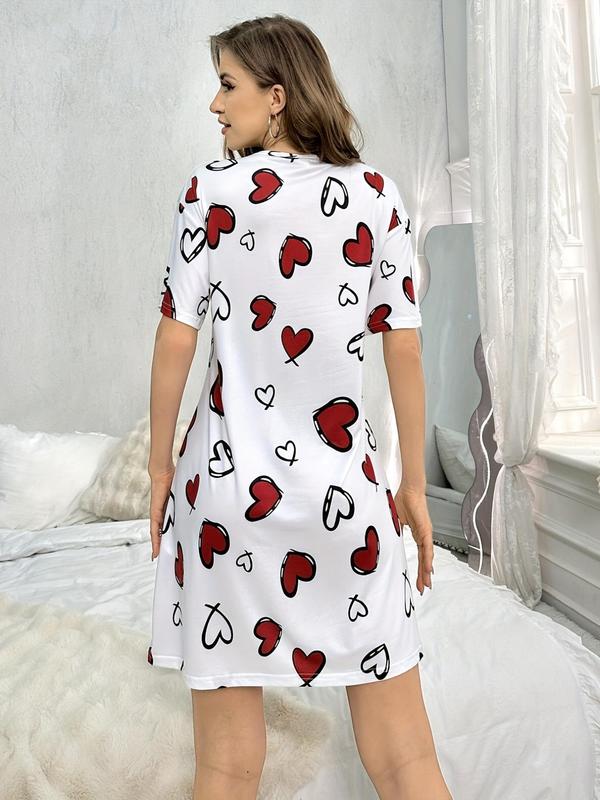 Women's Heart Print Round PJ Neck Nightdress, Summer Clothes Women, Cute Crew Neck Short Sleeve Nightgown Nighties, Comfy Women's Sleepwear & Loungewear For Summer Home Wear