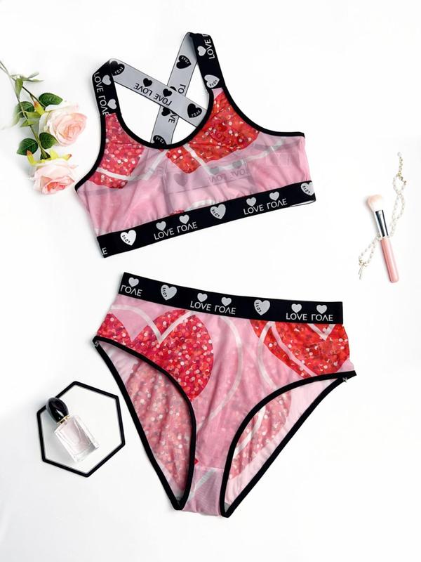  All Over Print Criss Cross Cut Out Wireless Bra & Panty Tape Design Set, Casual Comfy Breathable Underwear Set for Daily Wear, Women's Underwear Set for All Seasons