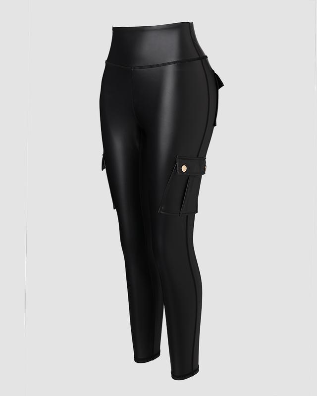 ChicMe Leather Pants for Women High Waist Cargo Pockets Stretch Pants Leather Leggings Fit Skinny