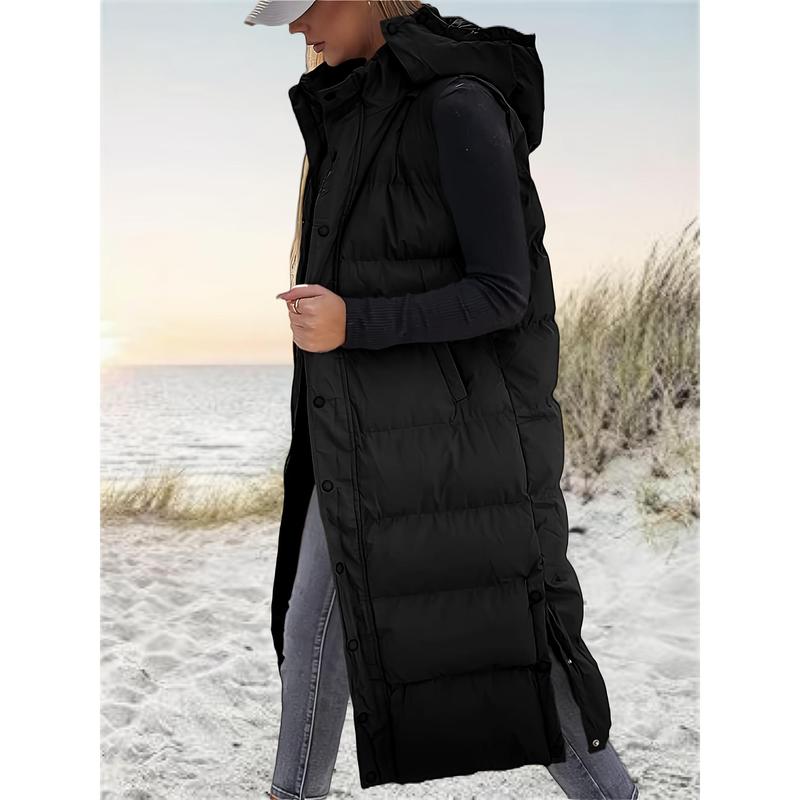 Women's Long Quilted Hooded Vest Sleeveless Button Fluffy down Jacket Cotton Cushion Jacket Winter Coat