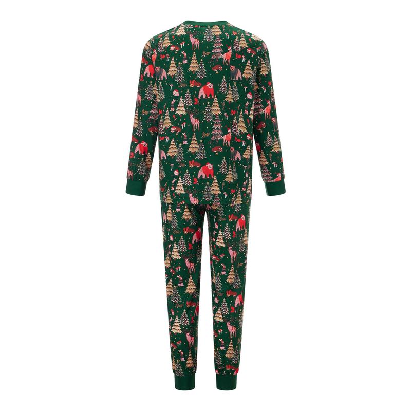 Green Matching Christmas Pajamas For Family, Printed Long Sleeve Tops Elastic Waist Pants for Fall Winter