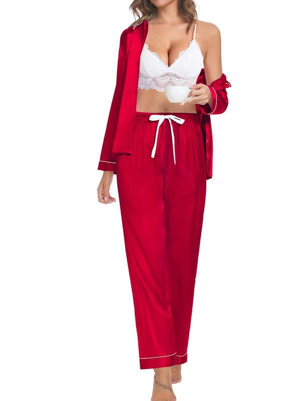 SWOMOG Couple Silk Satin Pajamas Set Long Sleeve Sleepwear Button Down Loungewear  Pjs with Pants Casual Comfortable Fit Womenswear