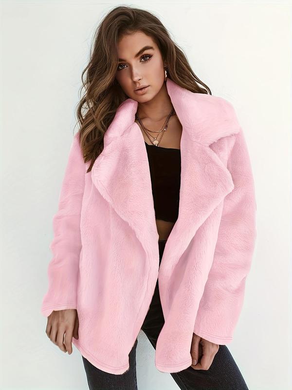 Women's Solid Color Waterfall Collar Coat, Casual Long Sleeve Fuzzy Coat for Fall & Winter, Women's Clothing for Daily Wear