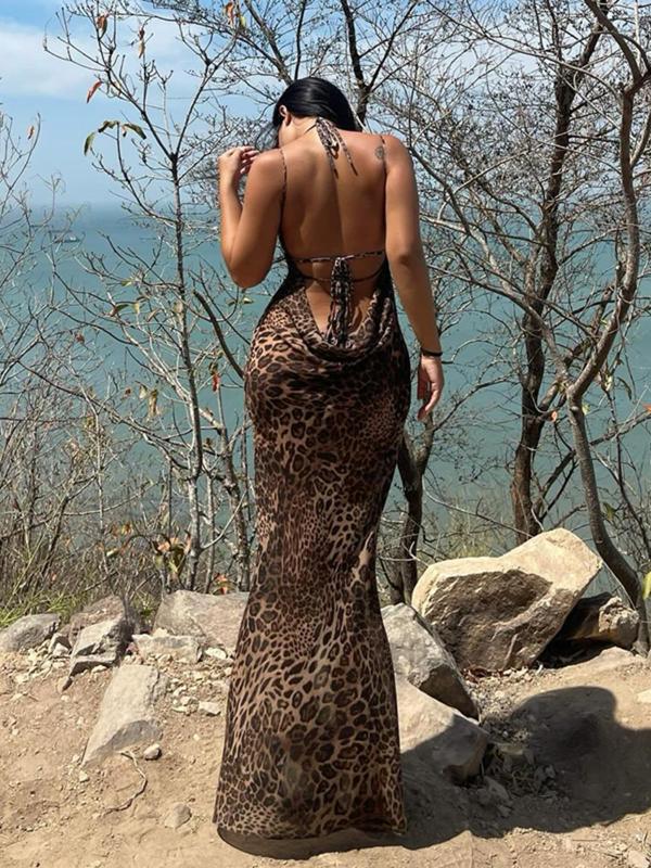 Women's Leopard Print Draped Backless Halter Mesh Dress, Elegant Fashion Tie Back Sleeveless Maxi Dress for Party Club Dating Wear, Women Dress for Summer