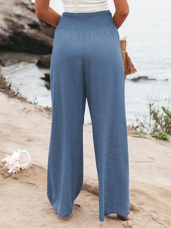 Women's Plain Pocket Shirred Wide Leg Pants, Casual Elastic Waist Trousers for Beach Vacation Holiday, Ladies Bottoms for All Seasons