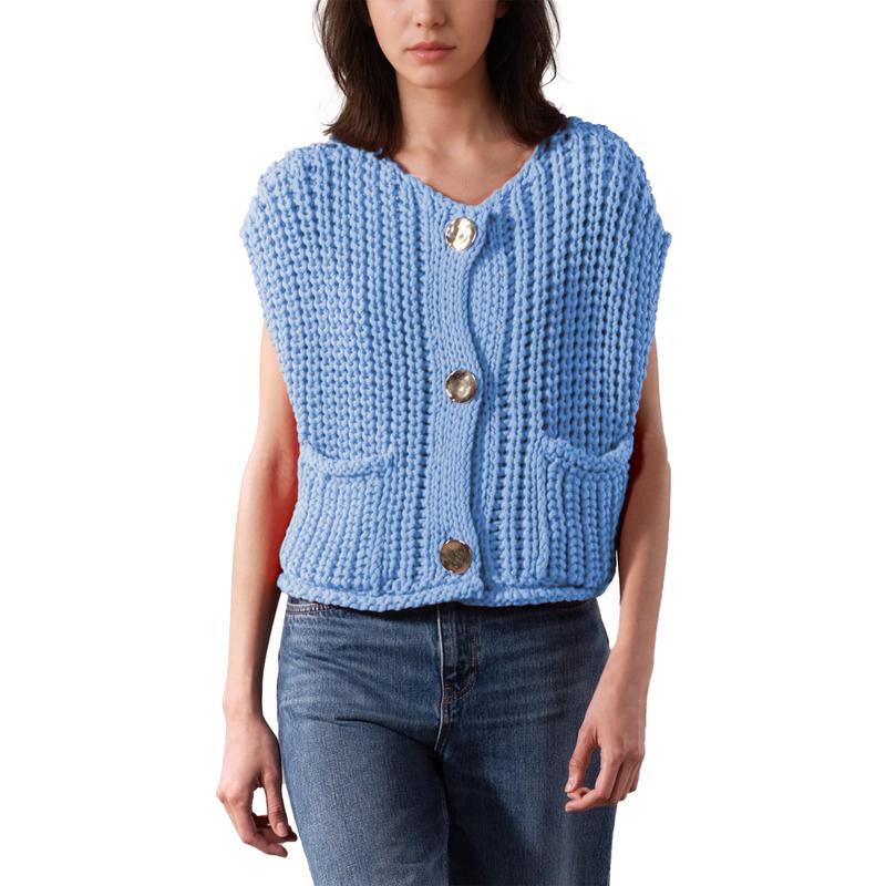 Vest Tops for Women Crochet Chunky Knit Sweater Sleeveless Button Down Tank Top Casual Cardigan Gilet with Pockets