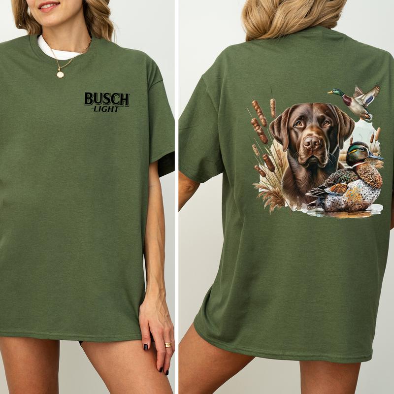 Busch Light Dog Friend Graphic 2 Sided Shirt, Vintage Mallard Hunting Tshirt, Outdoors Dog Hunting Duck T-shirt, Drink Shirt, Summer Hunt Printed Tee, Cotton Casual Womenswear, Comfort Women's Top