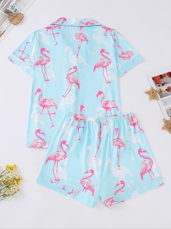 Women's Flamingo Print Lapel Pocket Shirt & Elastic Waist Shorts Pyjama Set, Casual Comfy Button Front Short Sleeve Top & Shorts Pj Set, Ladies Sleepwear for All Seasons